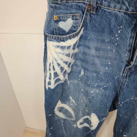 H&M Graffiti SpiderMan Styled High Waisted Wide Leg Jeans Size 14 /34" - Picture 5 of 14